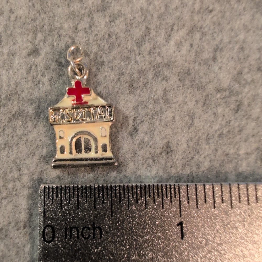 Hospital Charm Silver Tone Enamel Red Cross Medical Building Pendant - Picture 2 of 2